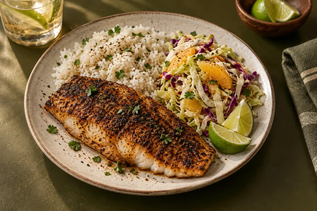Blackened white fish with rice and citrus cabbage slaw