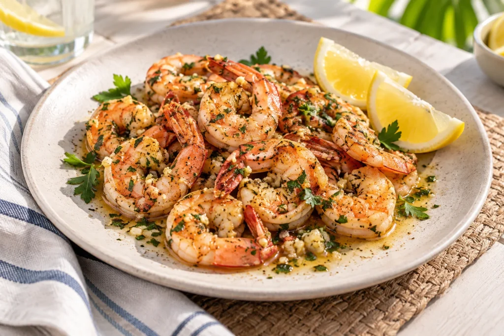 Citrus garlic shrimp with herbs and lemon wedges