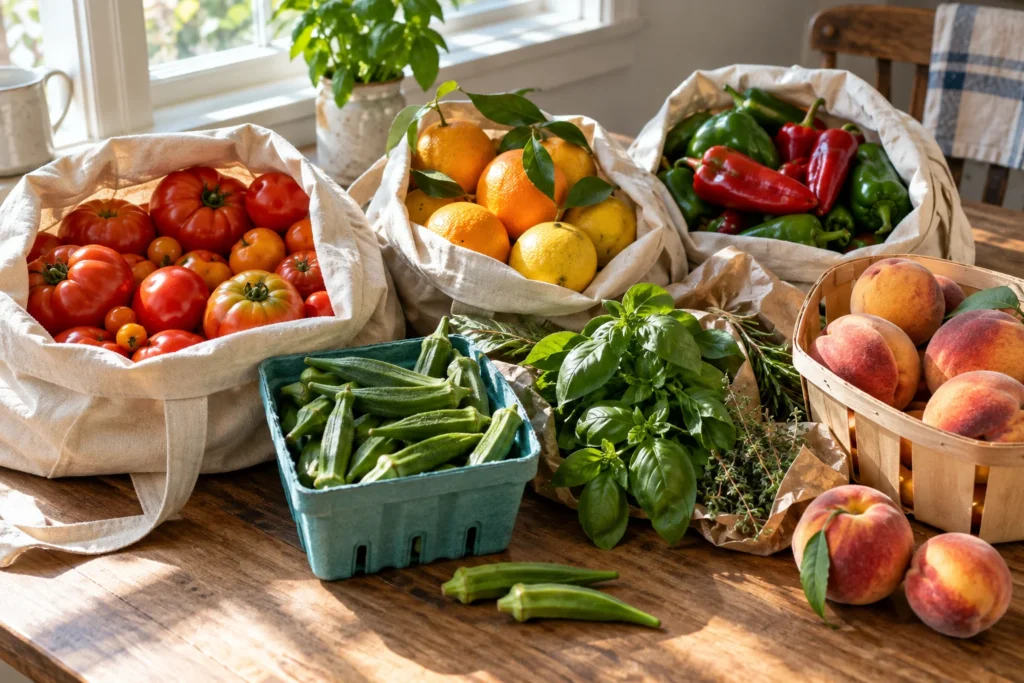 Tomatoes, citrus, okra, peppers, herbs and peaches from a farmers market