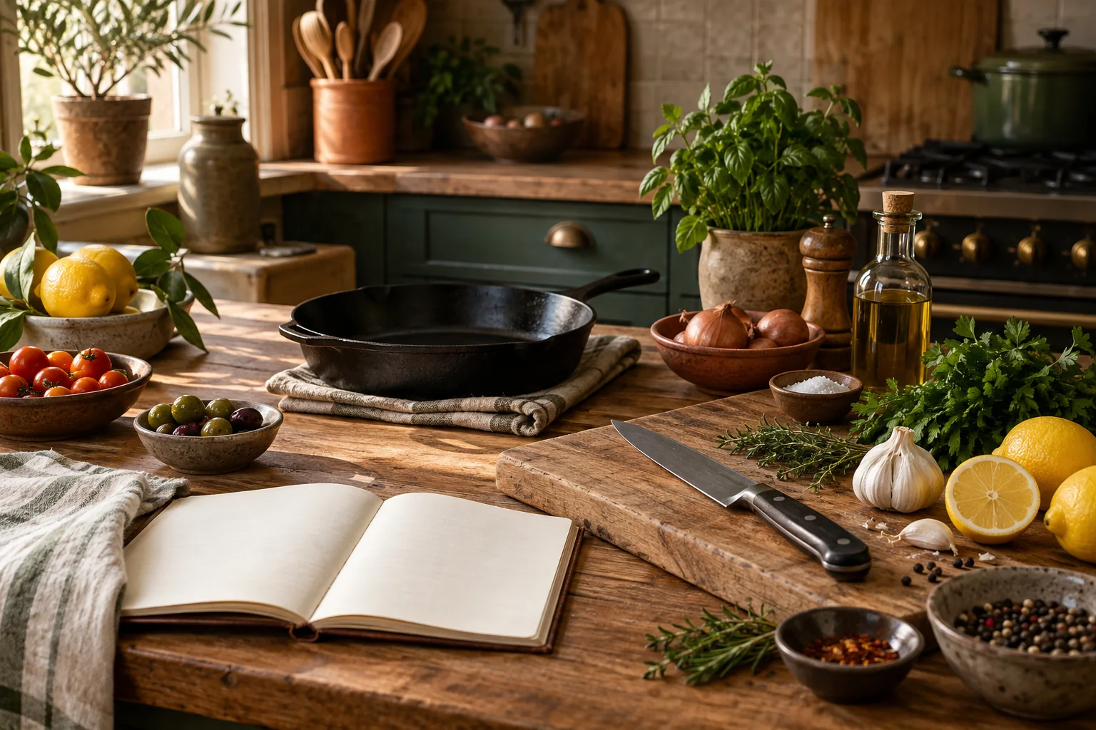 A home kitchen worktable with skillet, herbs, citrus and an open notebook